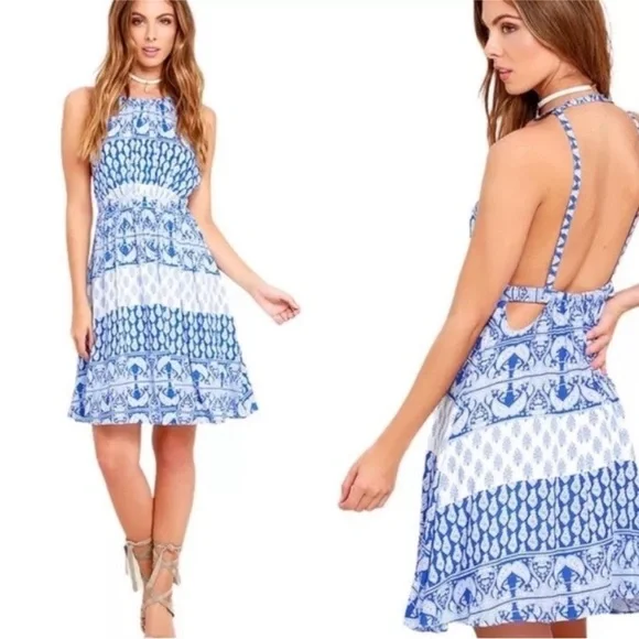 Lulus Blue and White Halter Dress Open Back - Picture 1 of 12
